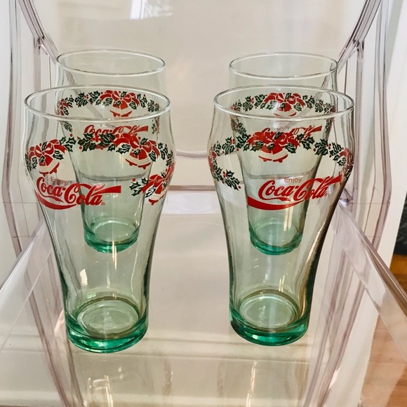 Coca Cola Other - Vintage Coca Cola Glasses 4 Christmas Holiday Winter Holly Bells red green